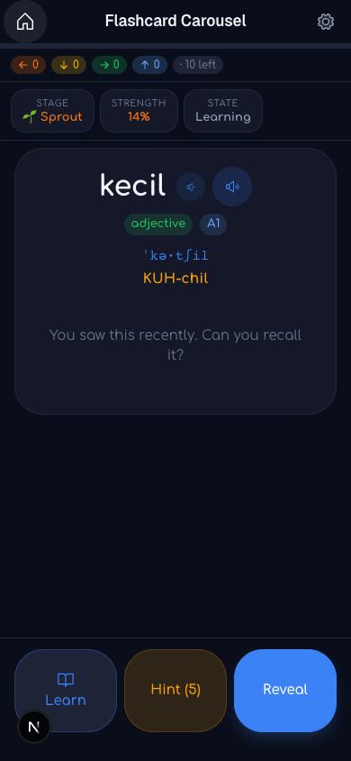 After: status chips on a dark slate surface matching the app, full words like Learning