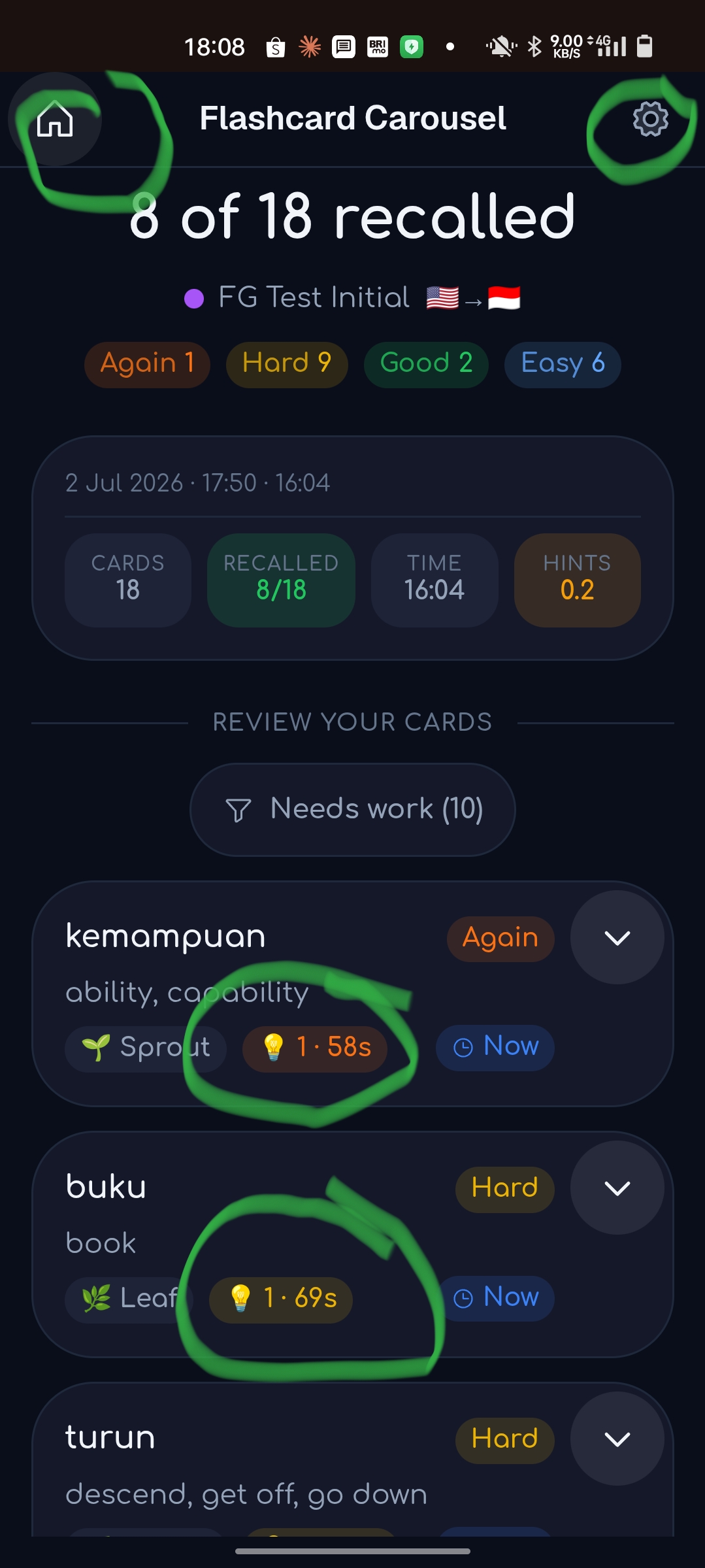 Before: session summary with hint count showing 1 regardless of hints actually viewed, and a HINTS 0.2 tile, plus inflated TIME and per-card seconds